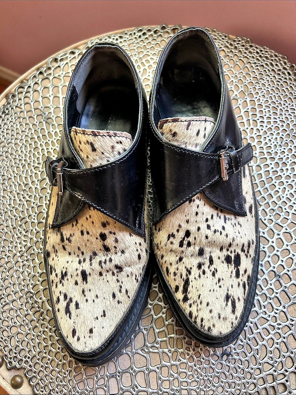 Silence + Noise Animal Print Buckle Flats in Black & Brown